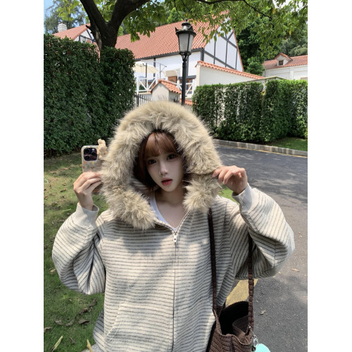 秋冬紋連帽衛衣毛領外套女2025新款小衆設計感休閒寬松美式開衫女 秋冬紋連帽衛衣毛領外套女2025新款小衆設計感休閒寬松美式開衫女