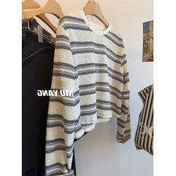 韓系寬松慵懶條紋長袖t恤女秋季穿搭短款圓領休閒百搭松弛感上衣