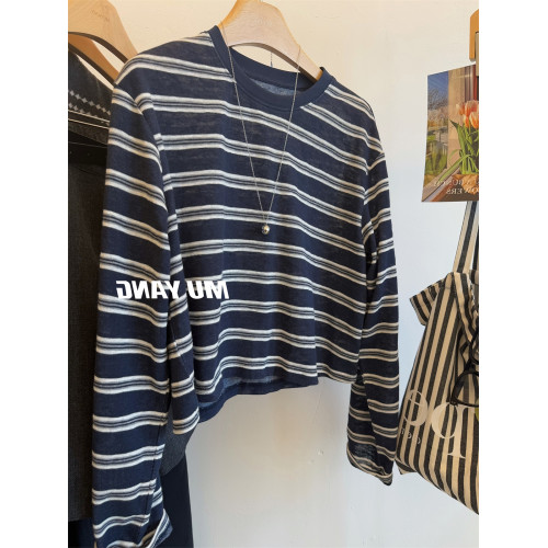 韓系寬松慵懶條紋長袖t恤女秋季穿搭短款圓領休閒百搭松弛感上衣