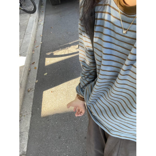 韓系復古撞色條紋長袖針織衫女秋季高級感慵懶風寬松打底衫上衣潮