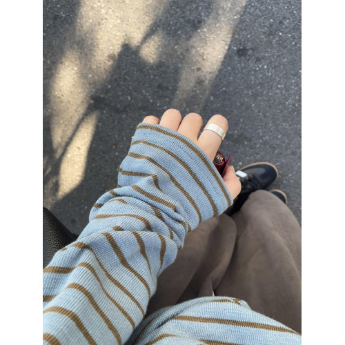 韓系復古撞色條紋長袖針織衫女秋季高級感慵懶風寬松打底衫上衣潮
