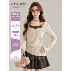 矇小柒美式掛脖假兩件長袖t恤女秋季設計感美拉德復古針織衫上衣