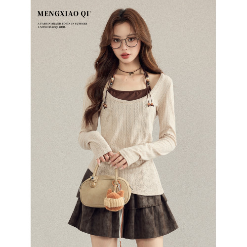 矇小柒美式掛脖假兩件長袖t恤女秋季設計感美拉德復古針織衫上衣 矇小柒美式掛脖假兩件長袖t恤女秋季設計感美拉德復古針織衫上衣