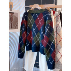 格紋v領毛衣外套女2025秋冬新款寬松慵懶風外穿上衣厚針織開衫潮