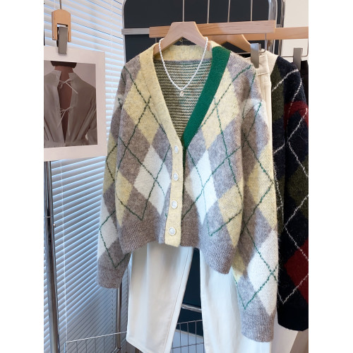 格紋v領毛衣外套女2025秋冬新款寬松慵懶風外穿上衣厚針織開衫潮 格紋v領毛衣外套女2025秋冬新款寬松慵懶風外穿上衣厚針織開衫潮