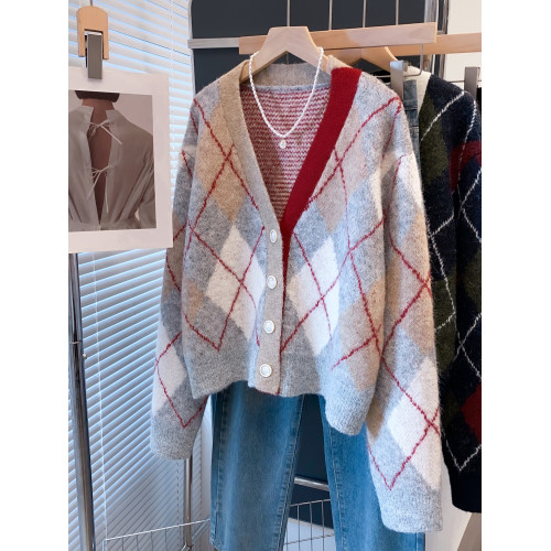 格紋v領毛衣外套女2025秋冬新款寬松慵懶風外穿上衣厚針織開衫潮 格紋v領毛衣外套女2025秋冬新款寬松慵懶風外穿上衣厚針織開衫潮