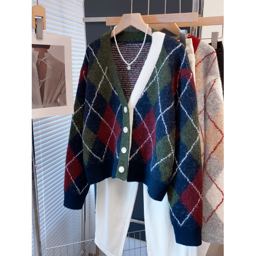 格紋v領毛衣外套女2025秋冬新款寬松慵懶風外穿上衣厚針織開衫潮 格紋v領毛衣外套女2025秋冬新款寬松慵懶風外穿上衣厚針織開衫潮