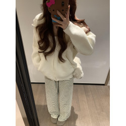 韓系白色連帽開衫毛衣2025新款寬松慵懶松弛高級感拉鍊針織衫外套