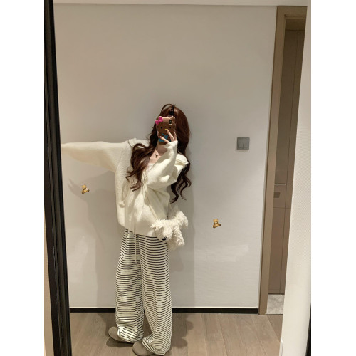 韓系白色連帽開衫毛衣2025新款寬松慵懶松弛高級感拉鍊針織衫外套