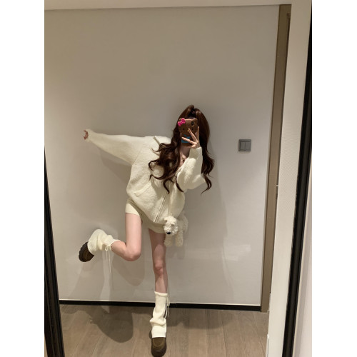 韓系白色連帽開衫毛衣2025新款寬松慵懶松弛高級感拉鍊針織衫外套