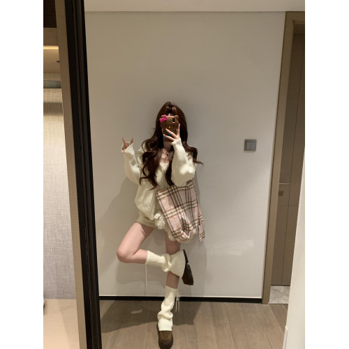 韓系白色連帽開衫毛衣2025新款寬松慵懶松弛高級感拉鍊針織衫外套