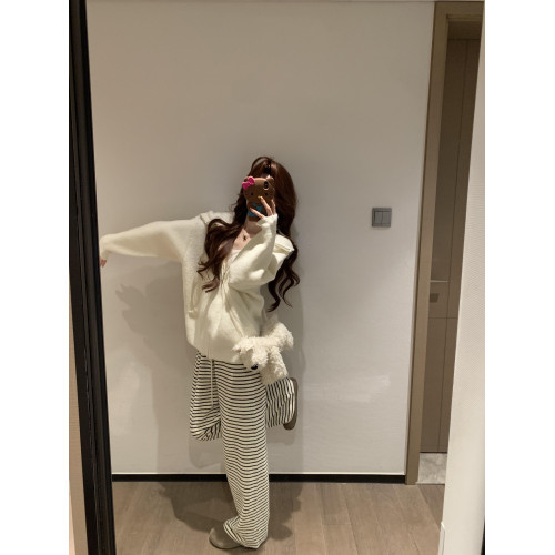 韓系白色連帽開衫毛衣2025新款寬松慵懶松弛高級感拉鍊針織衫外套