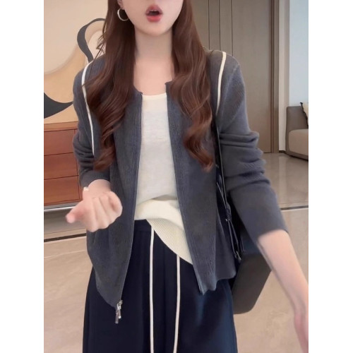 灰色雙拉鍊假兩件針織衫女秋季新款大碼胖MM寬松顯瘦減齡百搭上衣 灰色雙拉鍊假兩件針織衫女秋季新款大碼胖MM寬松顯瘦減齡百搭上衣