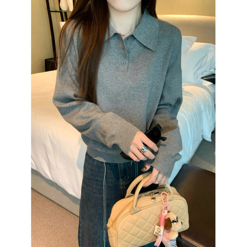 PPHOME時尚氣質polo領毛衣針織衫女秋季經典百搭韓系寬松打底上衣