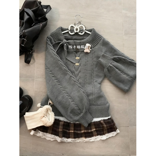 秋冬原創古早兔耳vintage毛衣奈奈風早秋學院風套頭收腰針織衫女