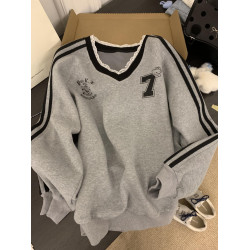 美式字母印花V領長袖衛衣女裝秋季灰色獨特蕾絲拼接寬松休閒上衣