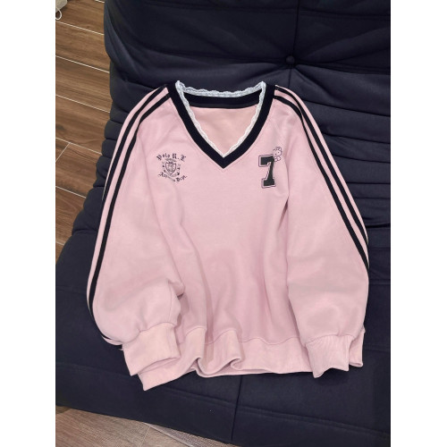 美式字母印花V領長袖衛衣女裝秋季灰色獨特蕾絲拼接寬松休閒上衣 美式字母印花V領長袖衛衣女裝秋季灰色獨特蕾絲拼接寬松休閒上衣