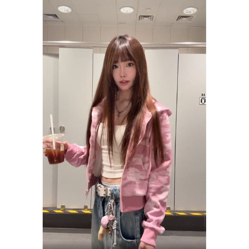 美式復古蝴蝶刺綉迷彩開衫連帽衛衣女春秋寬松顯瘦小個子短款外套 美式復古蝴蝶刺綉迷彩開衫連帽衛衣女春秋寬松顯瘦小個子短款外套