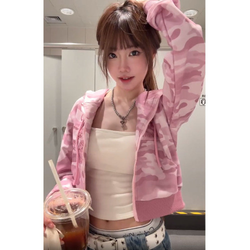 美式復古蝴蝶刺綉迷彩開衫連帽衛衣女春秋寬松顯瘦小個子短款外套 美式復古蝴蝶刺綉迷彩開衫連帽衛衣女春秋寬松顯瘦小個子短款外套