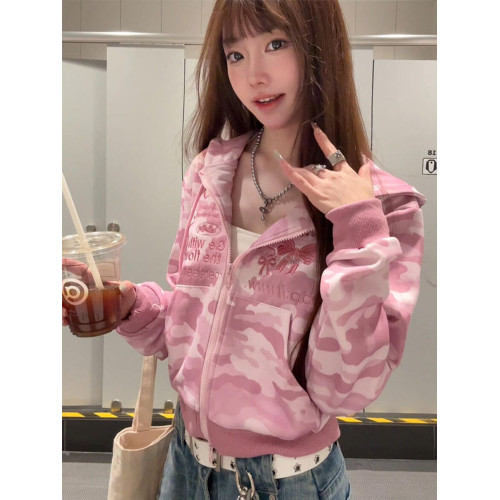 美式復古蝴蝶刺綉迷彩開衫連帽衛衣女春秋寬松顯瘦小個子短款外套 美式復古蝴蝶刺綉迷彩開衫連帽衛衣女春秋寬松顯瘦小個子短款外套