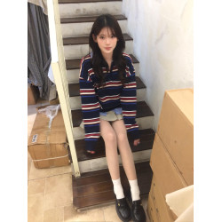 韓系復古設計感條紋撞色長袖毛衣女秋冬休閒百搭polo領針織衫上衣