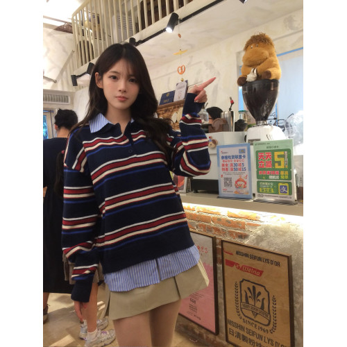 韓系復古設計感條紋撞色長袖毛衣女秋冬休閒百搭polo領針織衫上衣 韓系復古設計感條紋撞色長袖毛衣女秋冬休閒百搭polo領針織衫上衣
