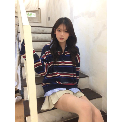 韓系復古設計感條紋撞色長袖毛衣女秋冬休閒百搭polo領針織衫上衣 韓系復古設計感條紋撞色長袖毛衣女秋冬休閒百搭polo領針織衫上衣