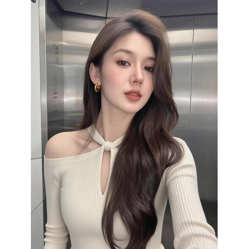 早秋冬輕熟甜辣妹露肩掛脖針織打底衫女士內搭設計感修身鏤空上衣