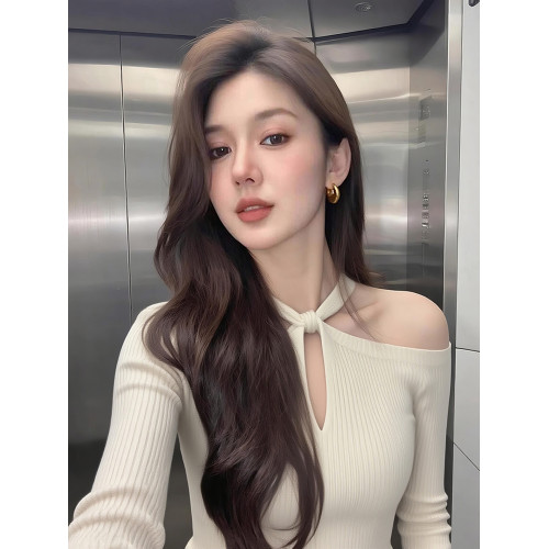 早秋冬輕熟甜辣妹露肩掛脖針織打底衫女士內搭設計感修身鏤空上衣