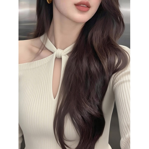 早秋冬輕熟甜辣妹露肩掛脖針織打底衫女士內搭設計感修身鏤空上衣