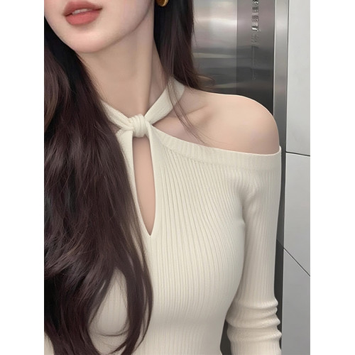 早秋冬輕熟甜辣妹露肩掛脖針織打底衫女士內搭設計感修身鏤空上衣