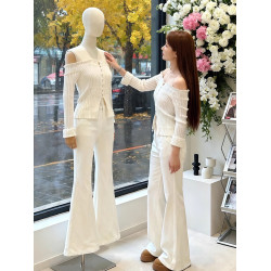 許我耀眼趙露思許妍同款針織衫女秋冬一字肩珍珠釦鏤空高級感上衣