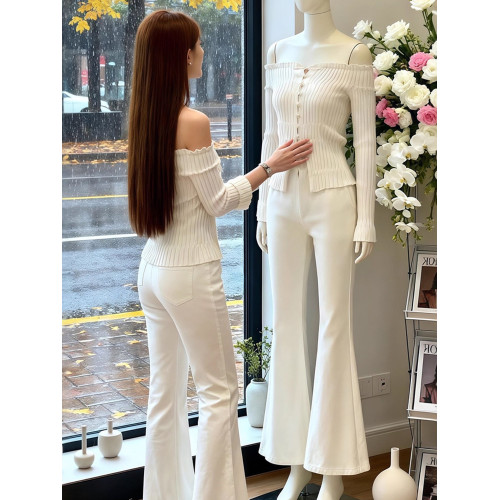 許我耀眼趙露思許妍同款針織衫女秋冬一字肩珍珠釦鏤空高級感上衣