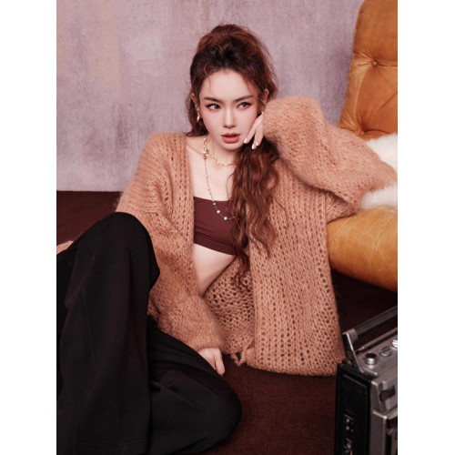 慼薇同款~慵懶風寬松針織開衫女秋季外套中長款時髦毛衣外搭上衣