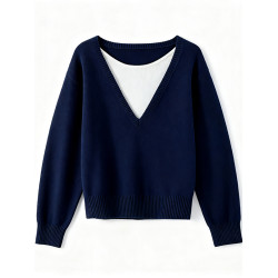 大碼假兩件長袖針織衫女秋冬藏藍色軟糯毛衣胖MM遮肉顯瘦打底上衣