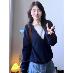 大碼假兩件長袖針織衫女秋冬藏藍色軟糯毛衣胖MM遮肉顯瘦打底上衣