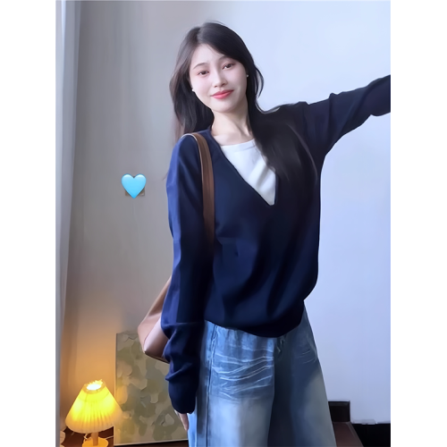 大碼假兩件長袖針織衫女秋冬藏藍色軟糯毛衣胖MM遮肉顯瘦打底上衣 大碼假兩件長袖針織衫女秋冬藏藍色軟糯毛衣胖MM遮肉顯瘦打底上衣