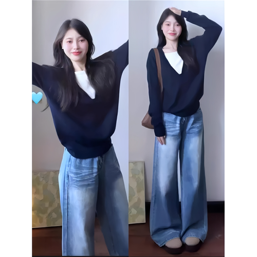 大碼假兩件長袖針織衫女秋冬藏藍色軟糯毛衣胖MM遮肉顯瘦打底上衣 大碼假兩件長袖針織衫女秋冬藏藍色軟糯毛衣胖MM遮肉顯瘦打底上衣