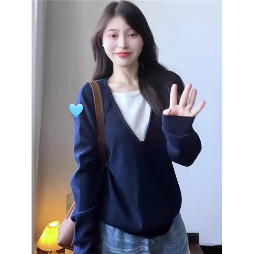 大碼假兩件長袖針織衫女秋冬藏藍色軟糯毛衣胖MM遮肉顯瘦打底上衣 大碼假兩件長袖針織衫女秋冬藏藍色軟糯毛衣胖MM遮肉顯瘦打底上衣