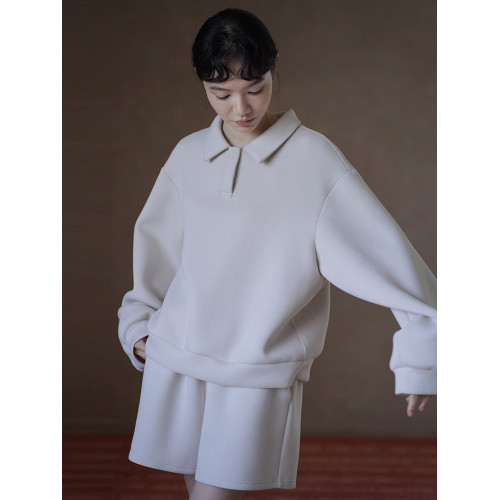 哈齒小姐 綿軟暖糯衛衣套裝寬松落肩Polo領顯瘦上衣松緊高腰短褲 哈齒小姐 綿軟暖糯衛衣套裝寬松落肩Polo領顯瘦上衣松緊高腰短褲