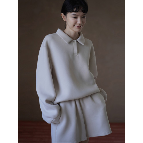 哈齒小姐 綿軟暖糯衛衣套裝寬松落肩Polo領顯瘦上衣松緊高腰短褲 哈齒小姐 綿軟暖糯衛衣套裝寬松落肩Polo領顯瘦上衣松緊高腰短褲