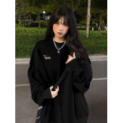 藏藍色圓領衛衣女洋氣2025新款爆款秋季寬松長袖加絨加厚冬季上衣