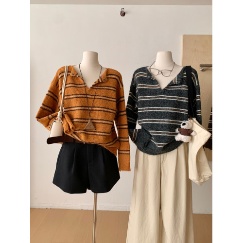 RENA慵懶風條紋V領針織衫女長袖寬松顯瘦設計感polo領針織上衣