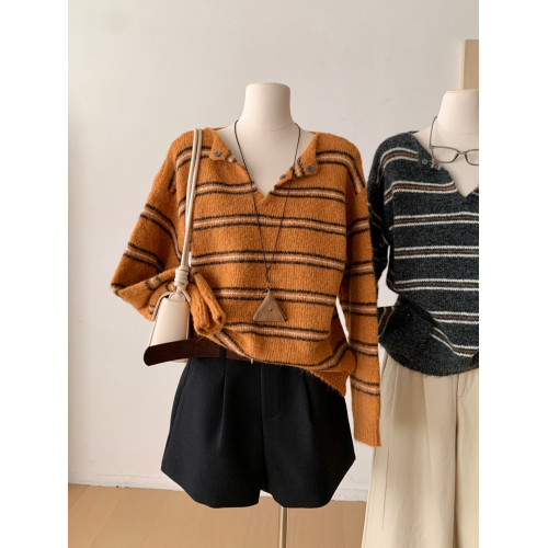 RENA慵懶風條紋V領針織衫女長袖寬松顯瘦設計感polo領針織上衣