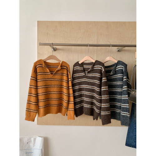 RENA慵懶風條紋V領針織衫女長袖寬松顯瘦設計感polo領針織上衣