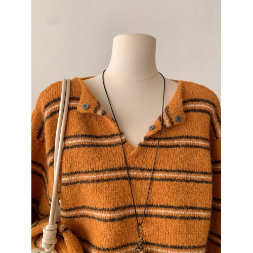 RENA慵懶風條紋V領針織衫女長袖寬松顯瘦設計感polo領針織上衣