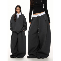 VATTY高級感休閒套裝 假兩件空氣棉老錢風廓形衛衣壓褶垂感濶腿褲