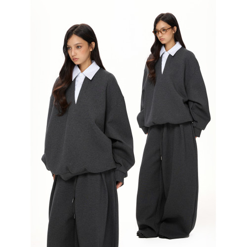 VATTY高級感休閒套裝 假兩件空氣棉老錢風廓形衛衣壓褶垂感濶腿褲 VATTY高級感休閒套裝 假兩件空氣棉老錢風廓形衛衣壓褶垂感濶腿褲