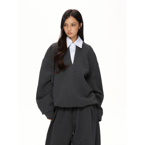 VATTY高級感休閒套裝 假兩件空氣棉老錢風廓形衛衣壓褶垂感濶腿褲 VATTY高級感休閒套裝 假兩件空氣棉老錢風廓形衛衣壓褶垂感濶腿褲