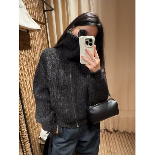 oversize！美式復古拉鍊高領毛衣開衫女秋冬新款寬松加厚針織外套